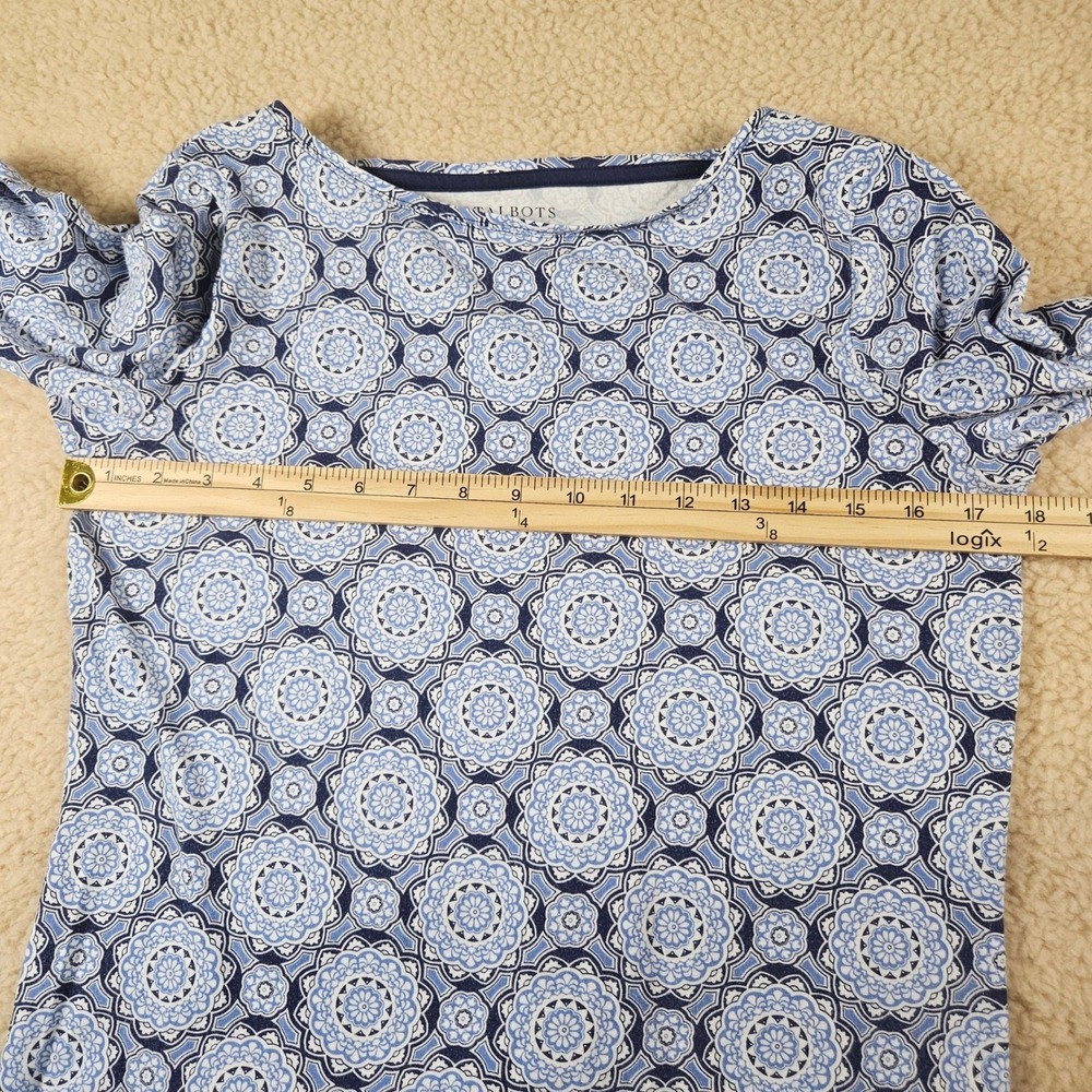 Talbots Knit Top Women Small Blue Medallion Print 3/4 Sleeve Boat Neck Preppy - Picture 7 of 12
